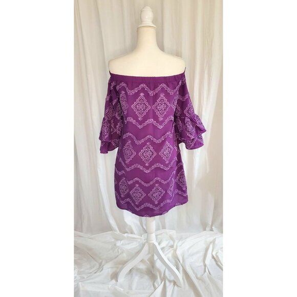 Boston Proper Womens Off Shoulder Dress Size Sm Purple Metallic Lace Bell Sleeve - Picture 4 of 16